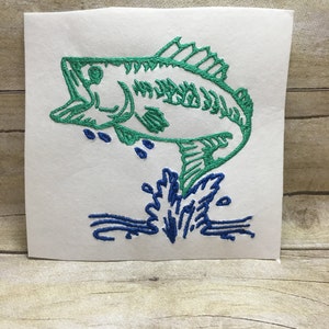 May include: Embroidered design of a green bass jumping out of the water with blue water splashes.