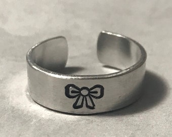 Hand Stamped Bow Adjustable Ring