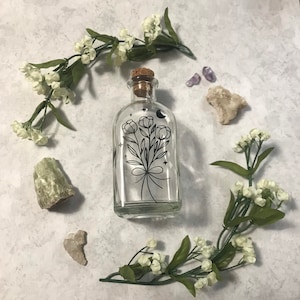 Moon Water Flower Bouquet Glass Bottle With Cork | Full Moon | Dark Moon | Moon Goddess | Ritual Magick | Herb Jar | Spells | Alter Tools