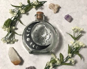 Moon Phase & Floral Glass Bottle With Cork | Full Moon | Dark Moon | Moon Goddess | Ritual Magick | Herb Jar | Spells | Alter Tools