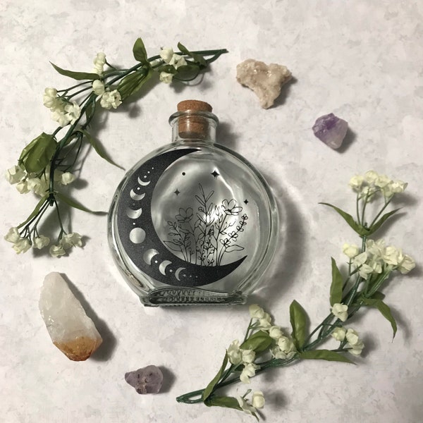 Moon Phase & Floral Glass Bottle With Cork | Full Moon | Dark Moon | Moon Goddess | Ritual Magick | Herb Jar | Spells | Alter Tools