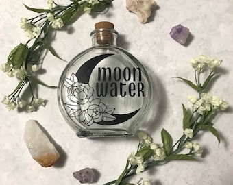 Moon Water Crescent Moon Glass Bottle With Cork | Full Moon | Dark Moon | Moon Goddess | Ritual Magick | Herb Jar | Spells | Alter Tools