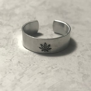 Hand Stamped Weed Leaf Adjustable Ring