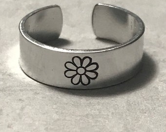 Hand Stamped Daisy Flower Adjustable Ring