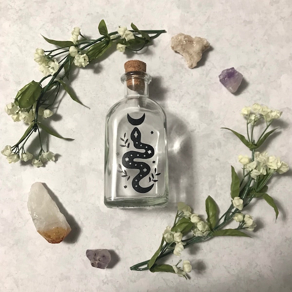 Snake & Moon Glass Bottle With Cork | Full Moon | Dark Moon | Moon Goddess | Ritual Magick | Herb Jar | Spells | Alter Tools