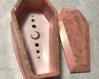 Pink & Gold Moon Phase Resin Coffin Storage/Trinket Box