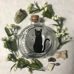Crescent Moon Black Cat Glass Bottle With Cork | Full Moon | Dark Moon | Moon Goddess | Ritual Magick | Herb Jar | Spells | Alter Tools