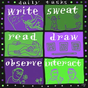 Puede incluir: Una cuadrícula ilustrada de color morado y verde con las palabras "tareas diarias" en la parte superior. La cuadrícula contiene seis cuadrados con las palabras "escribir", "sudar", "leer", "dibujar", "observar" e "interactuar" en blanco. Cada cuadrado tiene una ilustración simple relacionada con la palabra.