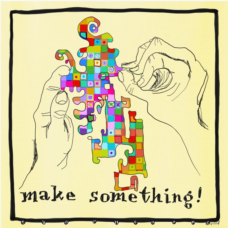 以下が含まれることがあります： 2つの手が、カラフルな抽象的なパズルピースを持っており、その下に「make something!」というテキストがあります。