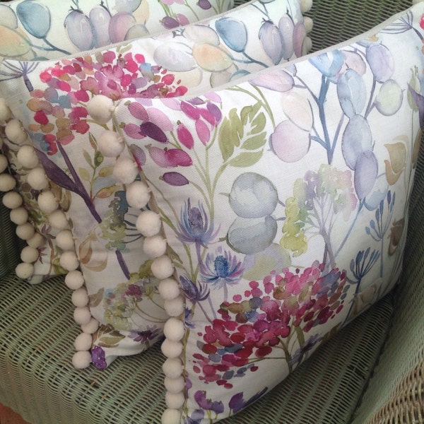Autumnal Wildflower, Voyage Hedgerow and Laura Ashley Pom Pom Cushion with Pad