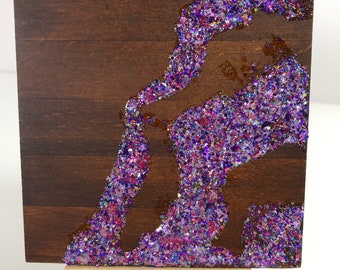 Purple pink glitter paint abstract wood panel