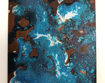 Blue teal metallic nebula abstract wood panel
