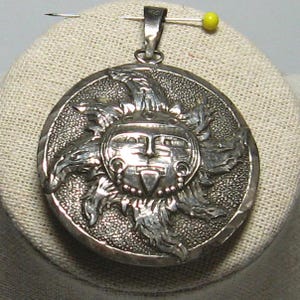 Vintage 1980s Unique 2 Sided Pendant, Aztec Sun Stone Calendar/Piedra del Sol & Sun God Tonatiuh, Silver 1 3/4&quot; Diam Aztec/Mexica, Excellent