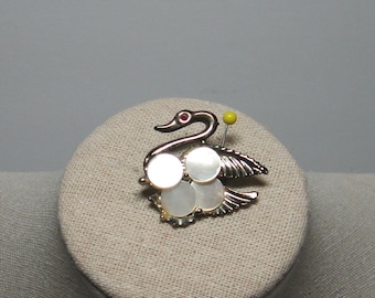 Vintage 1960s Unique Swan Pin/Brooch, Gold Tone Metal and Mother of Pearl,  1 1/4" Long, Locking Pin Back, Brooch/Scatter Pin Very Good Cond