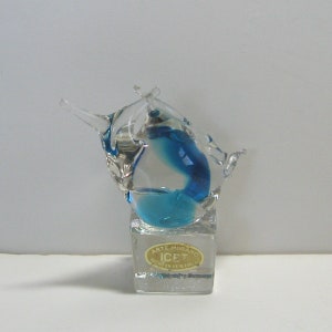 Wonderful Vintage 1980s Arte Murano Icet, Hand Blown Glass Sculpture Tropical Fish, Clear with Blue, on Glass Base with Gold Label