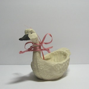 Vintage 1980s White Goose Figurine with Pink Ribbons, 4 1/2&quot; Tall Plaster, Potpourri or Trinket Holder