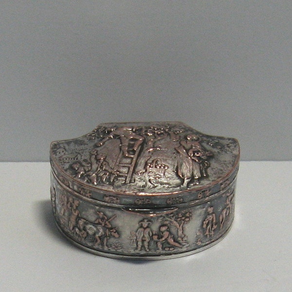 Antique Early 1900s Lovely Repoussé Jewelry or Trinket Box, Silver Plate, Orchard Setting w/Multiple Scenes on Box, Signed, Excellent Cond.