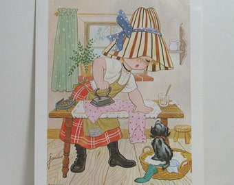 Vintage 1972 Jandro Print, Adorable Girl Ironing and Little Dog Watching, 7" x 9", D.A.C. NY, Nostalgic Child Print