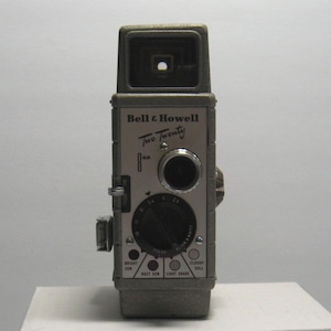 Vintage 1950s Bell & Howell Two Twenty 8mm Movie Camera, Gray Textured Finish, with 2 Reels - 1 with Film, Leather Case, EXC Cond. Untested