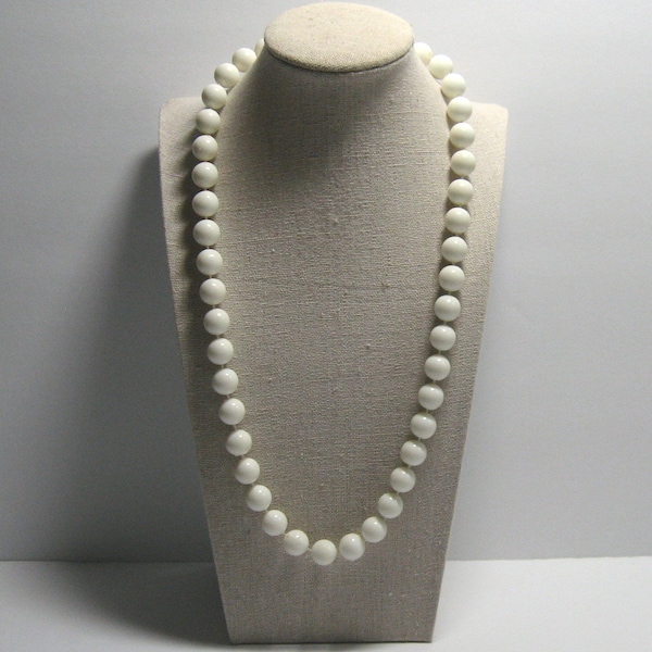 Vintage 1950s Made in Hong Kong, Classic White Bead Necklace, Knotting Between Uniform Sized Beads, Gold Tone Clasp with Hong Kong Etched