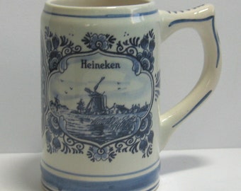 Vintage 1970s Blue Delfts Beer Stein, 5 1/4" Tall Hand Painted Ceramic, Iconic Windmill & Dutch Sailing Ship Scenes, From Holland, Excellent