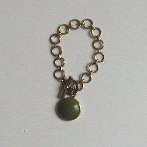 Vintage 1980s Ralph Lauren for Chaps Classic Bracelet, Gold Tone Metal Links, Round Green Stone