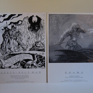 May include: Two black and white illustrations. The first illustration is a comic book style image of a man in armor walking through a dark, rocky landscape. The second illustration is a more realistic image of a man with long white hair holding a sword. The text "SAFETY BELT MAN" is below the first illustration and the text "DRAMA" is below the second illustration.
