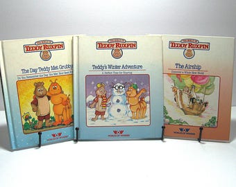 Vintage 1985, 3 Teddy Ruxpin HC Books 1st Ed, You Choose-The Day Teddy Met Grubby, Teddy's Winter Adventure, The Airship, All in VG/EX Cond.