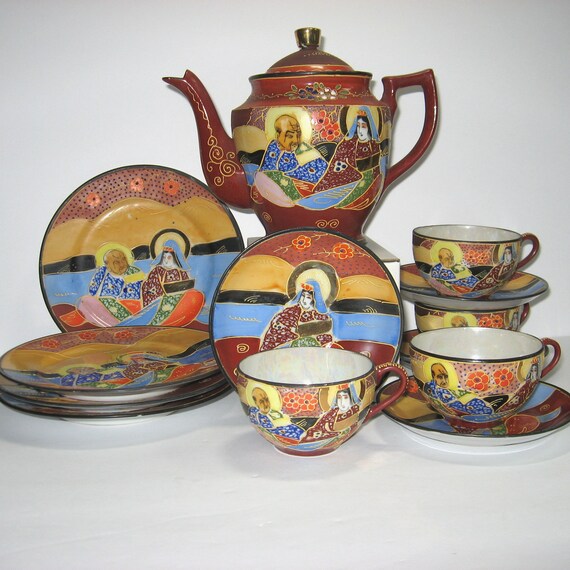 陶板 抽象ART vintage item Antique 1920s/1930s Colorful Scene Moriage Tea Set From Hotta Yu