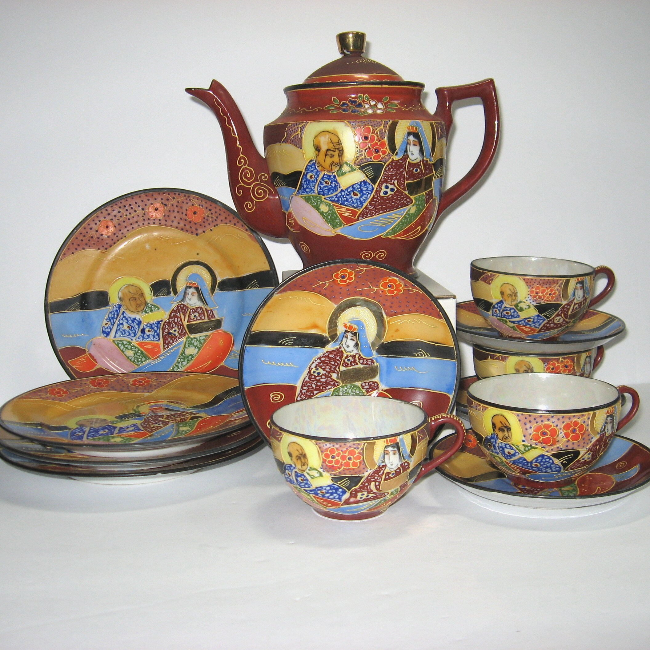 Antique 1920s/1930s Colorful Scene Moriage Tea Set From Hotta Yu