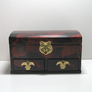 Vintage Early 1990s Asian Floral Design Jewlry Box, Deep Red, Lacquered with Gold Tone Metal Trim, Red Satin Lining