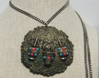 Vintage 1960s Etruscan Pendant Necklace, Silver 2 3/8" Diameter w/3 "Half" Wine Vessel Charms. Turquoise & Coral Beads, 25" Chain, VG Cond.