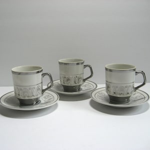 Vintage 1950s Art Deco Design Demitasse Cup and Saucer Sets, White Porcelain with Silver, Three Sets, Made in Japan, Excellent Condition