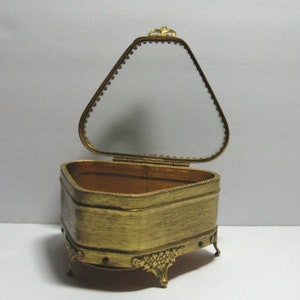 Vintage 1950s Hollywood Regency Style Footed Jewelry Casket or Trinket Box, Gold Tone Metal Base with Beveled Glass Lid, Velveteen Lining