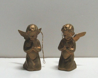 Vintage 1970s Pair of Gold Tone Plastic Angel Ornaments Made in Hong Kong