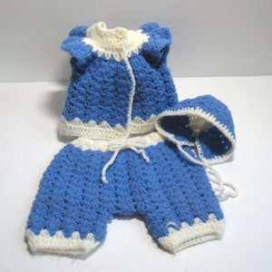Vintage 1980s Cabbage Patch Doll Clothes, Hand Knitted/Crocheted Three Piece Set, Blue and White Top, Pants and Hat