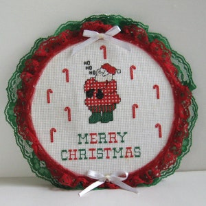 Vintage 1980s Cross Stitch Santa Decoration, 6 1/2&quot; Wood Hoop, Lace Trim