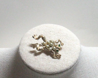 Vintage 1960s Cute, Leaping Frog Pin, Faux Pearls and Rhinestones, Gold Tone Metal, Scatter Pin
