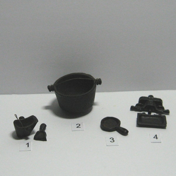 Vintage 1980s Miniature Cast Iron Pieces for Doll/Fairy House - Ash Bucket w/Broom, Pot/Cauldron/ Frying Pan, Stove Pieces, Choose an Item