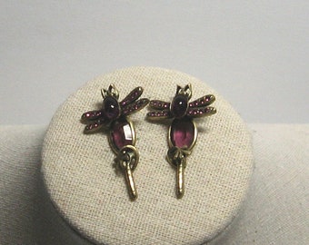 Vintage 1990s Unique & Lovely Dragonfly Earrings, for Pierced Ears, Brass Base with Large and Small Amethyst Gem Stones, Post Backs, EX Cond