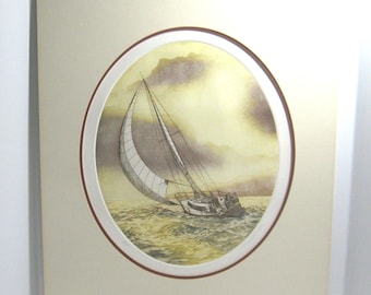Vintage 1970s PAUL GEYGAN Lithograph, Sailboat Yellow/Brown Sky, Maritime, Limited Edition #54/350, Print Size 22 7/8" x 19 1/4", Unframed