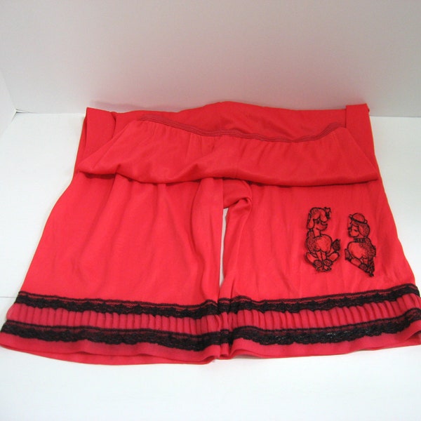 Vintage 1950s/1960s Woman's Petti Pants, Bloomers, Red Acetate w/Black Lace and a Pair of Poodles Appliqué, from Plymouth Undies, Size 7 L