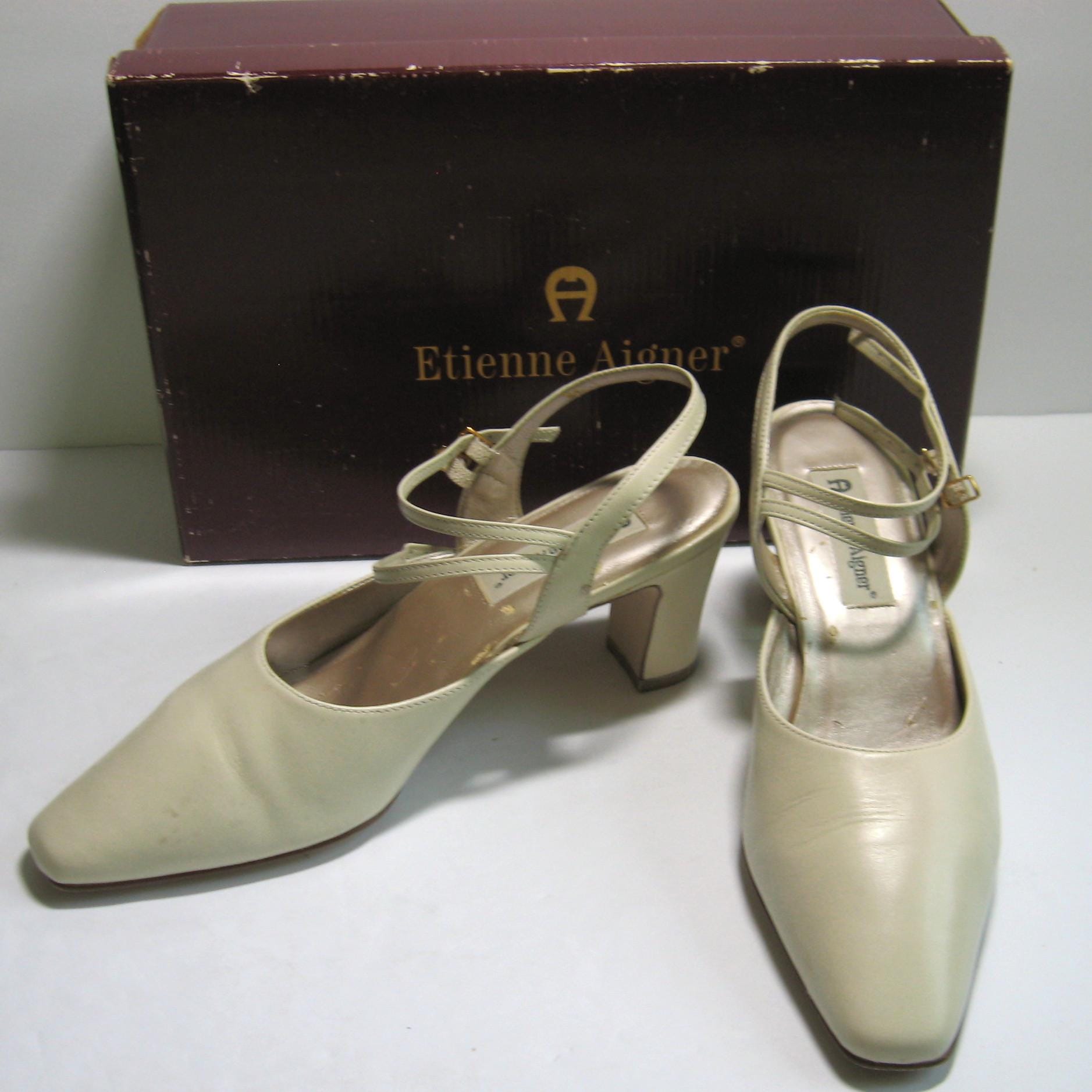 Vintage 1980s Used Etienne Aigner Classy "Leigh" Sling Back Shoes, Bone, Dble Ankle Straps 3" Heel, Womens 8 1/2 M, w/Box, Outer Shoe VG