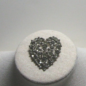 Vintage 1980s Sweet, Heart Shaped Rhinestone Pin/Brooch, Prong Set Open Styling, Silver Tone Metal