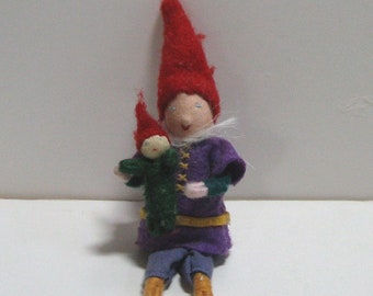 Vintage 2000s Woodland Toy, Gnome Doll with Baby, Felt and Fabric, Bendable, Woodland Fantasy Play