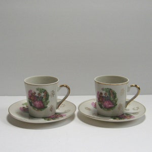 Vintage 1950s Set of Two Demitasse Cups & Saucers, Romantic Theme Design, White Porcelain with Gold, Made in Japan, Excellent Condition