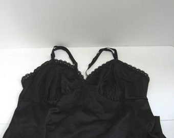 Vintage 1990s Classic and Lovely Woman's Full Slip, by "Kayser" Silky Black Antron Nylon with Black Lace Trim, Size 36 T