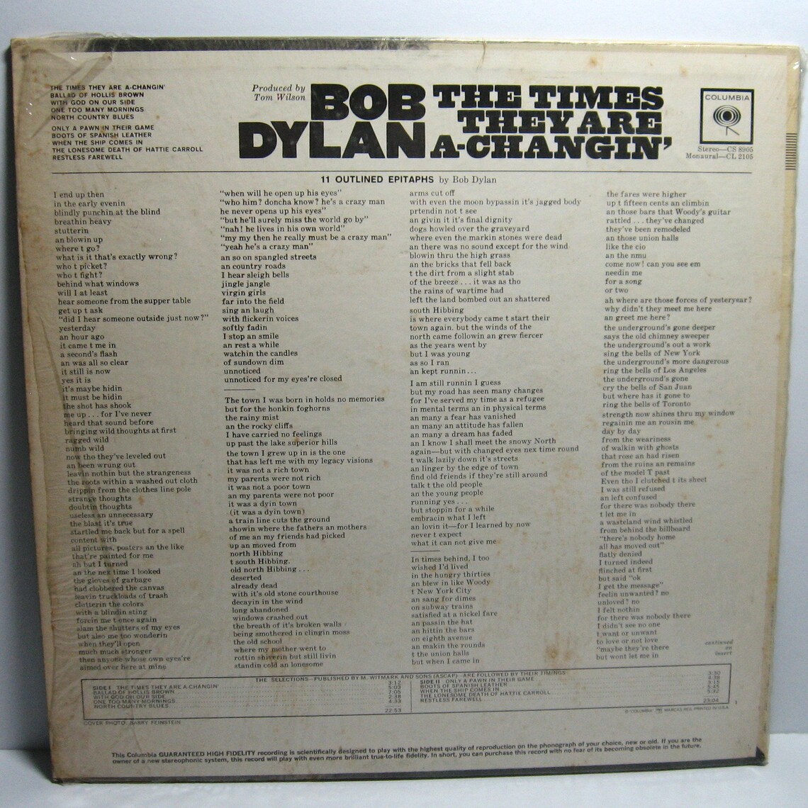 Vintage 1964 the Times They Are Achangin' Bob Dylan Vinyl