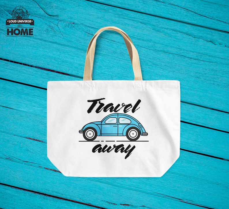 Travel away blue VW bug canvas like tote bag classic car lover friend coworker family gift travel grocrey shopping gym picnic beach bag