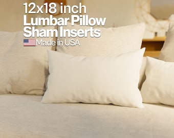 May include: Two white lumbar pillow inserts, 12x18 inches, on a beige couch. The text "12x18 inch Lumbar Pillow Sham Inserts" and "Made in USA" is displayed above the pillows. The text "HOUSE LINENS VANITY" is displayed at the bottom of the image.